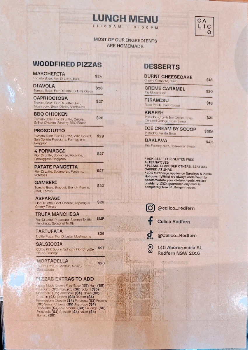 Menu, Calico - Cafe, Restaurant, Pizzeria & Bar