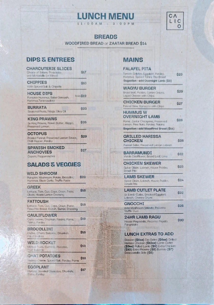 Menu, Calico - Cafe, Restaurant, Pizzeria & Bar
