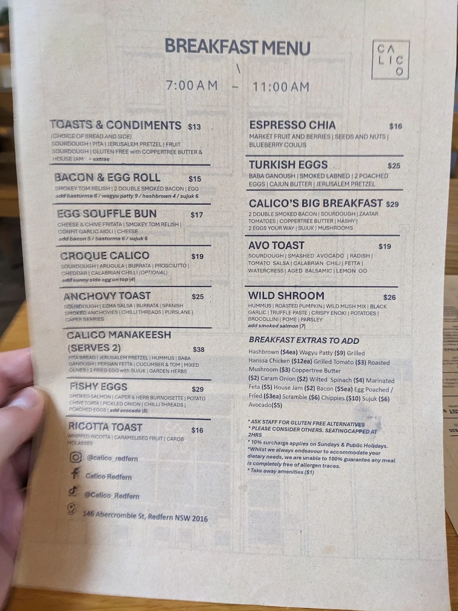 Menu, Calico - Cafe, Restaurant, Pizzeria & Bar