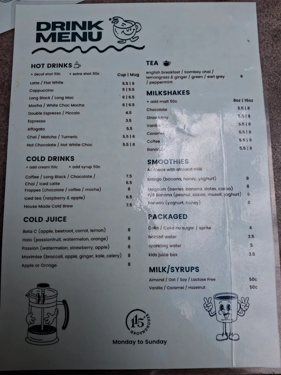 Menu, 115 Groundhouse