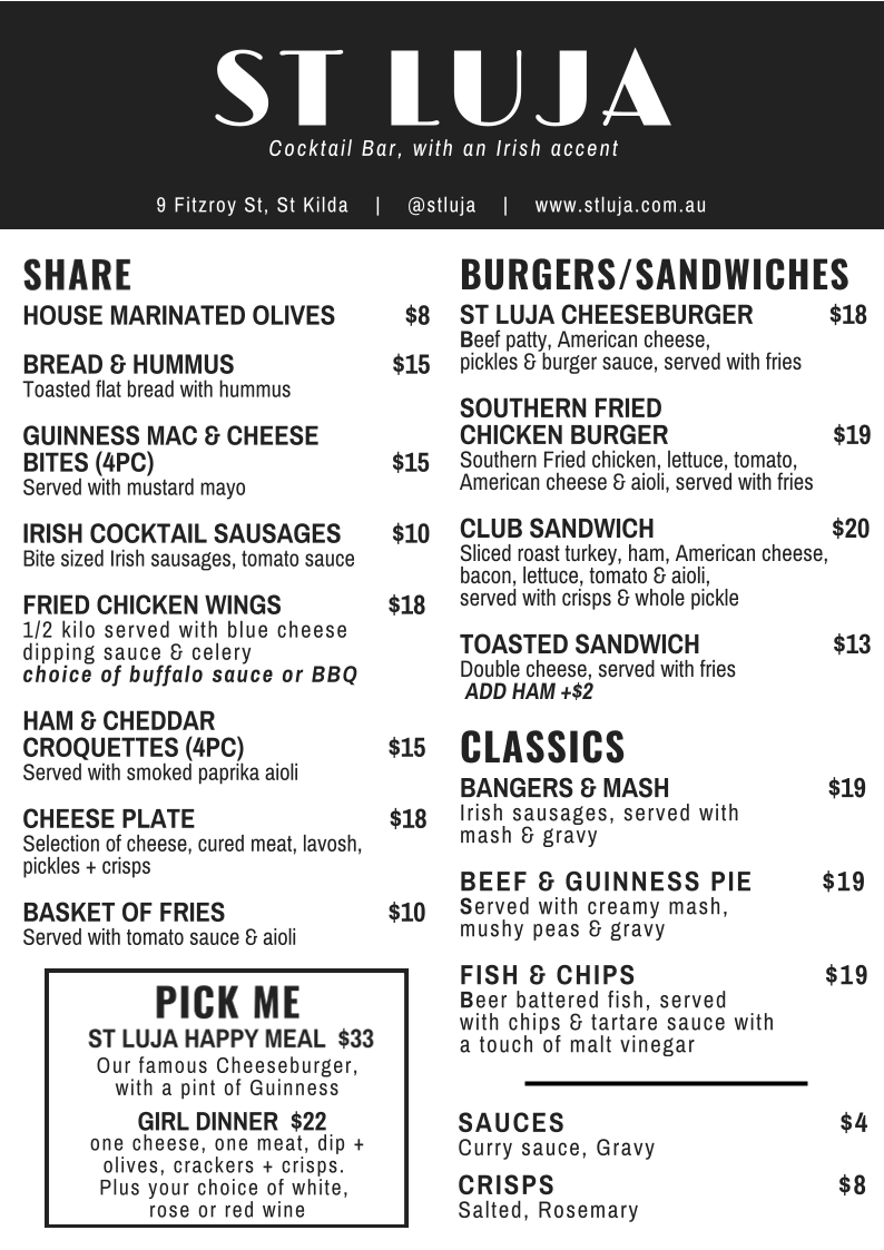 Menu, St LuJa | Cocktail Bar with an Irish accent