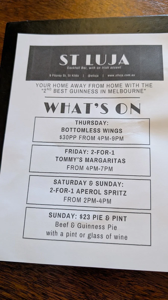 Menu, St LuJa | Cocktail Bar with an Irish accent