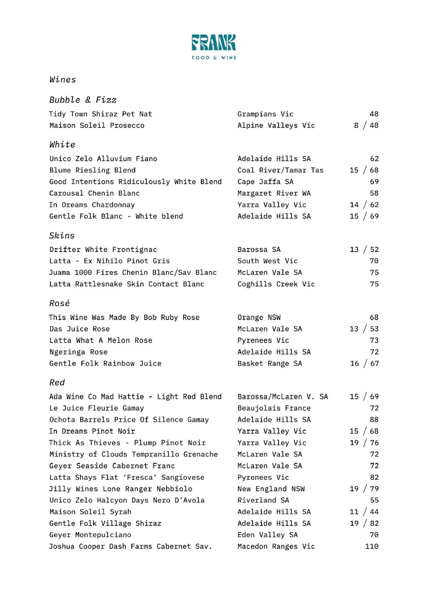 Menu, Frank Food & Wine