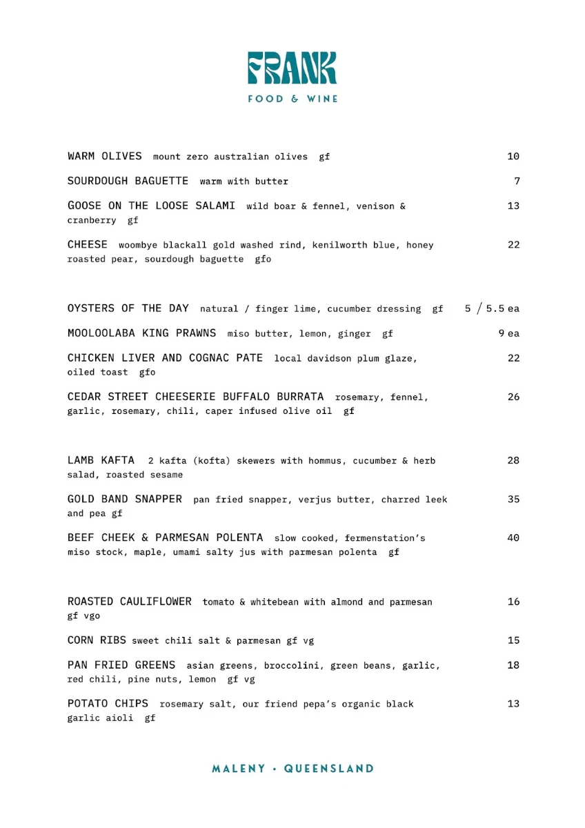 Menu, Frank Food & Wine