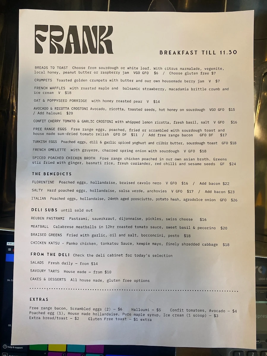 Menu, Frank Food & Wine