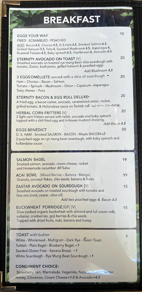 Menu, Eternity Cafe Town Hall Square