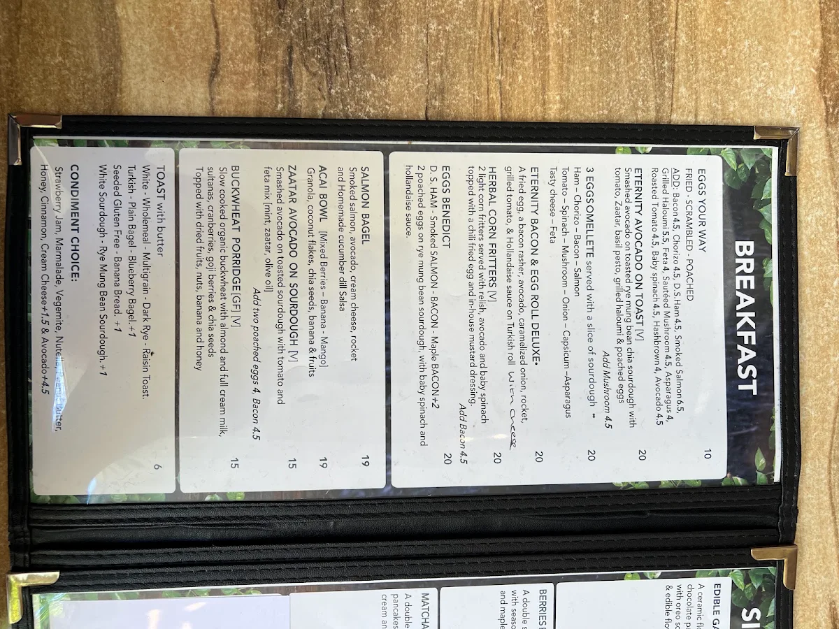 Menu, Eternity Cafe Town Hall Square