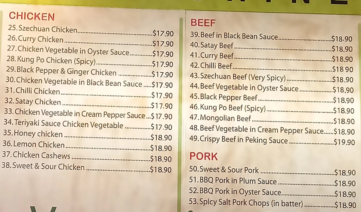 Menu, Stones Corner Chinese Restaurant and Noodle Bar