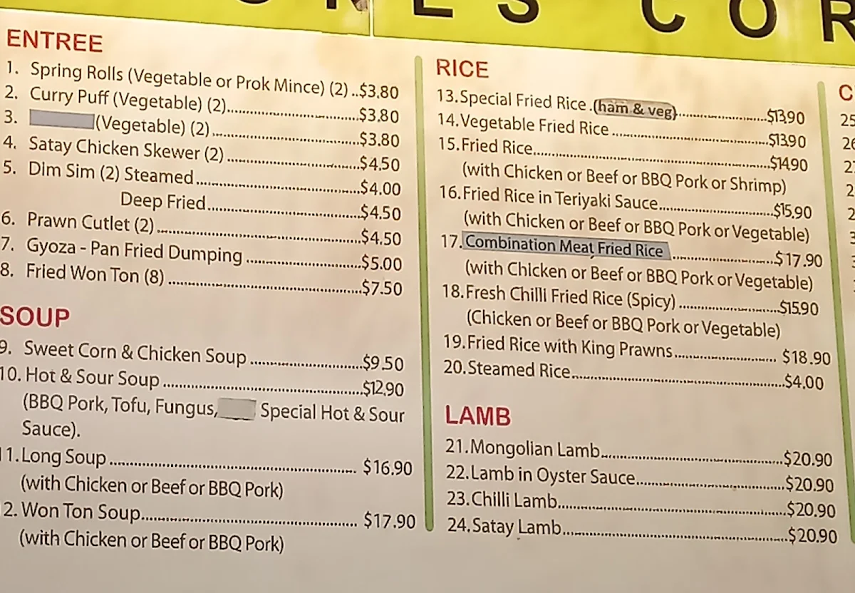 Menu, Stones Corner Chinese Restaurant and Noodle Bar