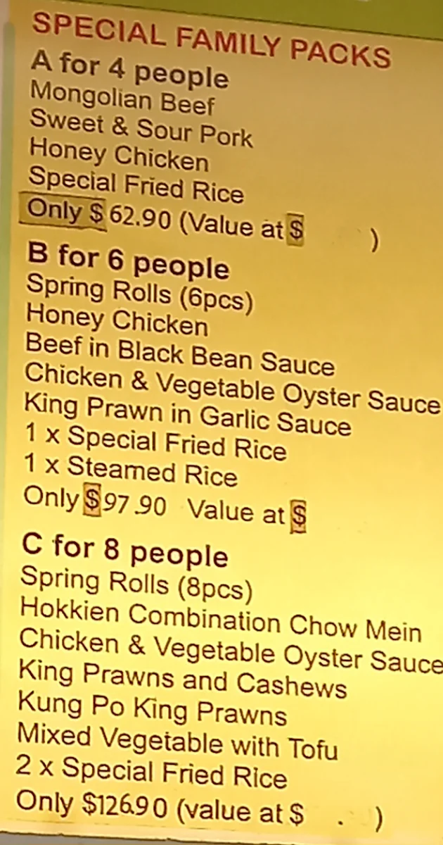 Menu, Stones Corner Chinese Restaurant and Noodle Bar