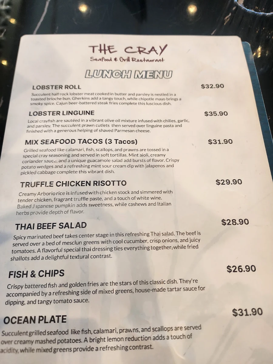 Menu, The Cray Seafood & Grill Bunbury