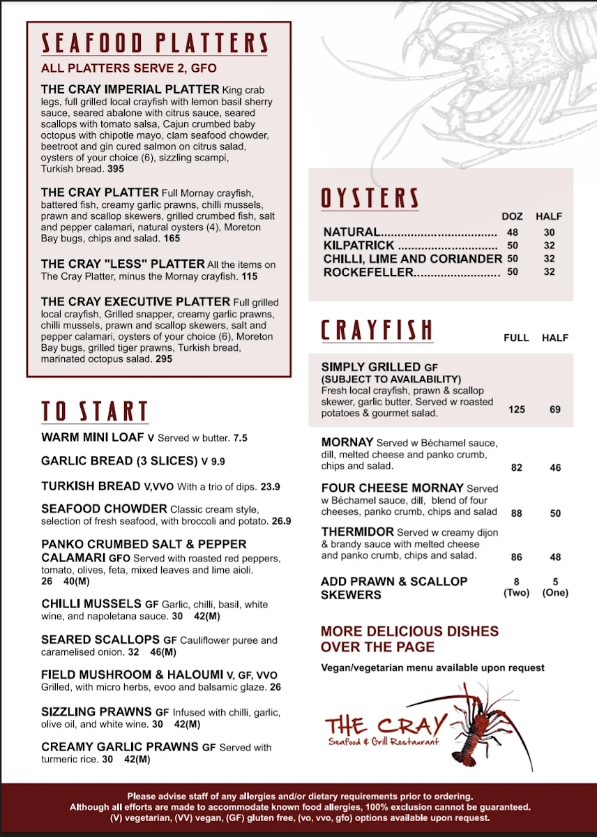 Menu, The Cray Seafood & Grill Bunbury