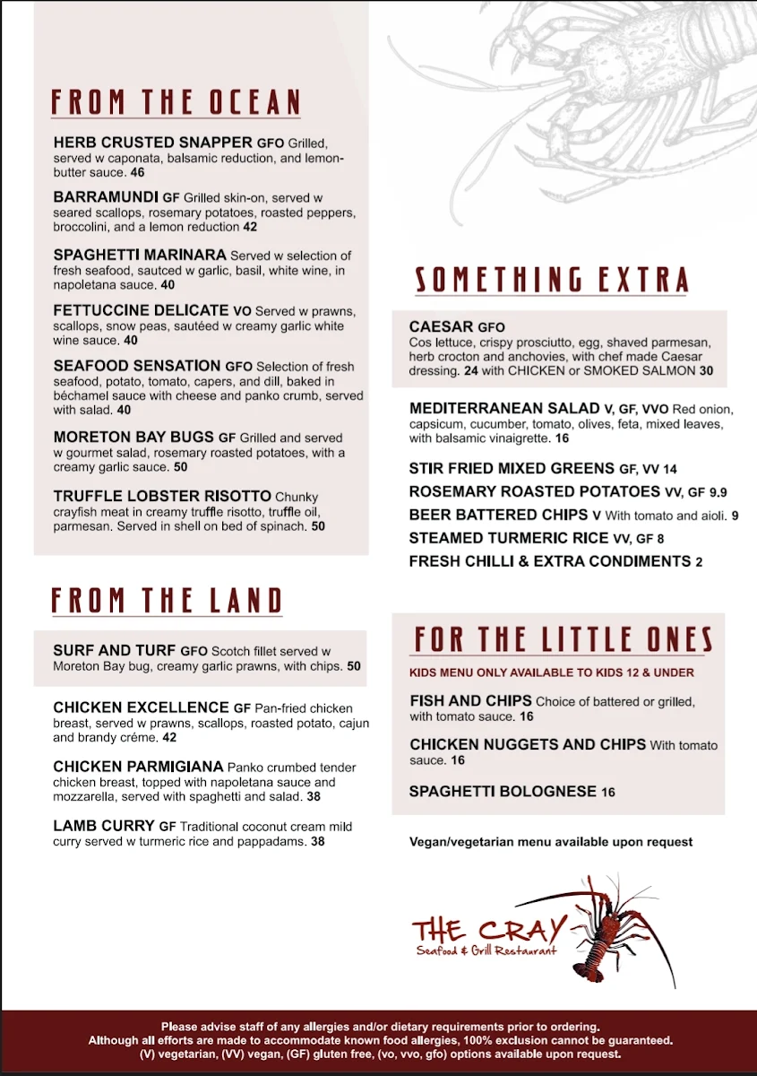 Menu, The Cray Seafood & Grill Bunbury