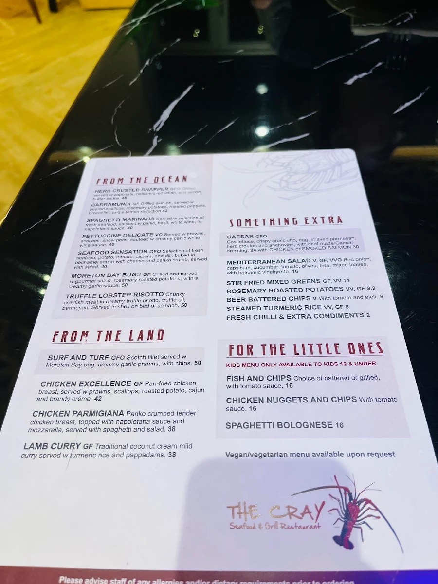 Menu, The Cray Seafood & Grill Bunbury