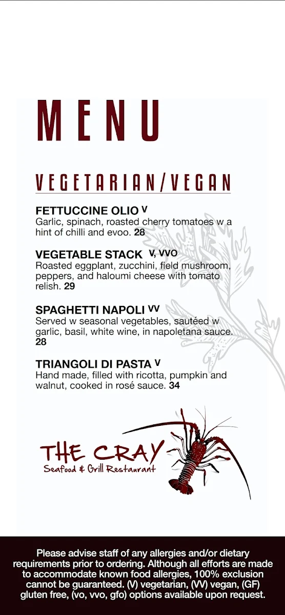 Menu, The Cray Seafood & Grill Bunbury