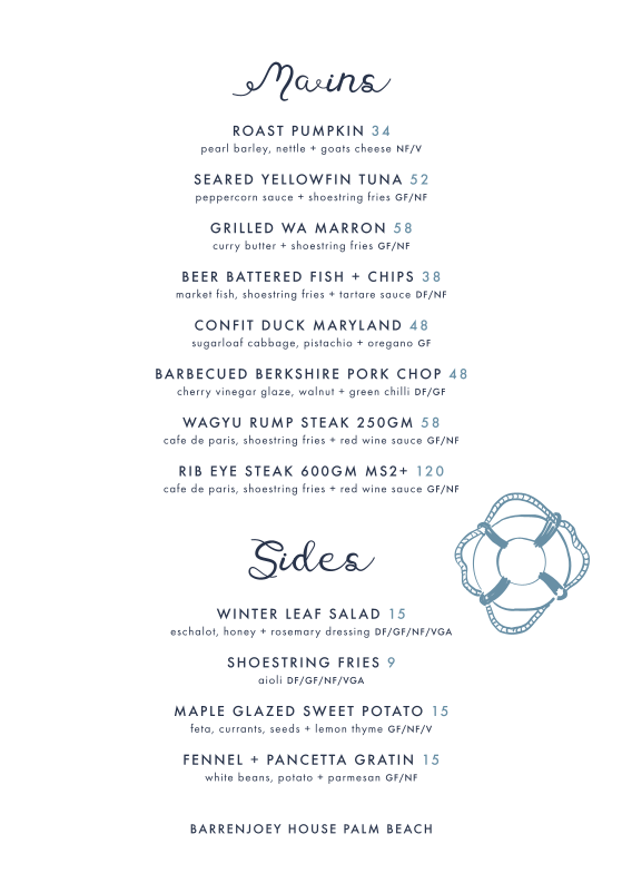 Menu, Barrenjoey House Palm Beach