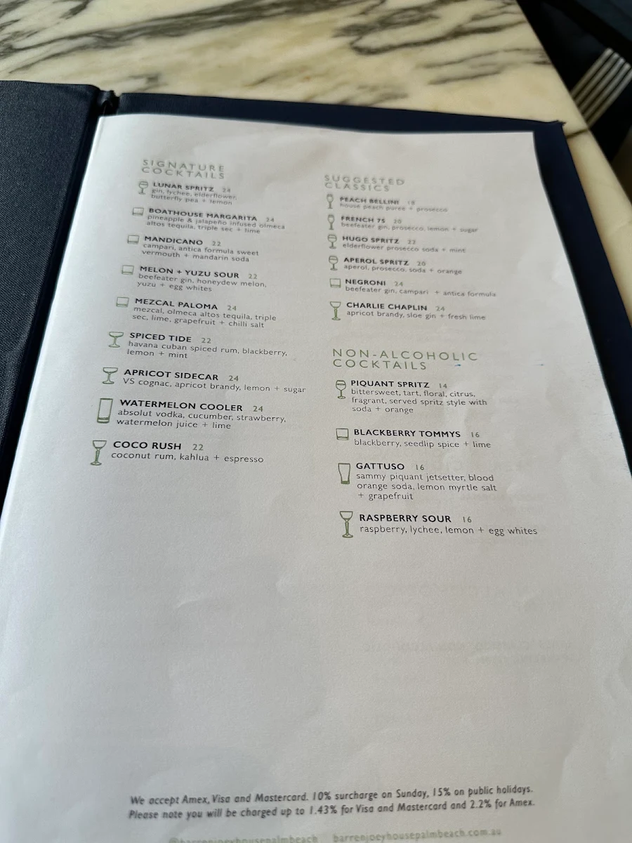 Menu, Barrenjoey House Palm Beach