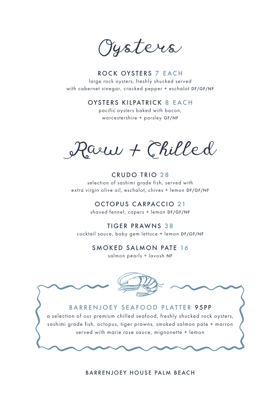 Menu, Barrenjoey House Palm Beach