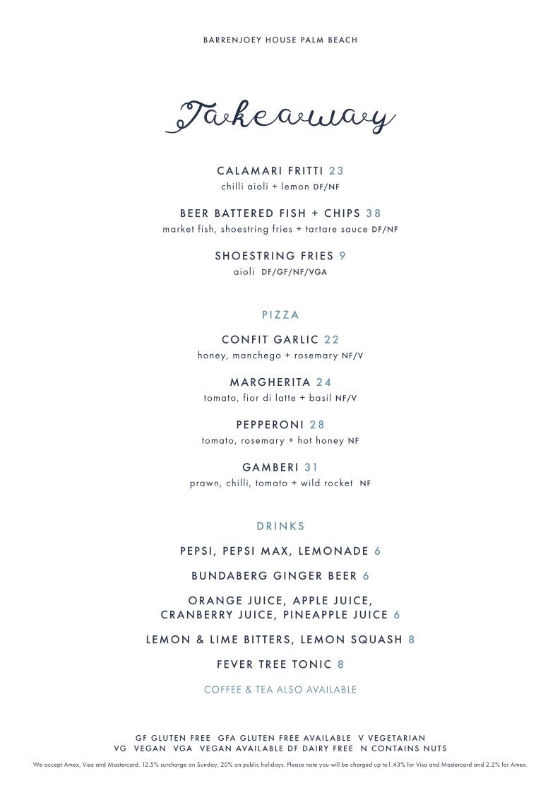 Menu, Barrenjoey House Palm Beach