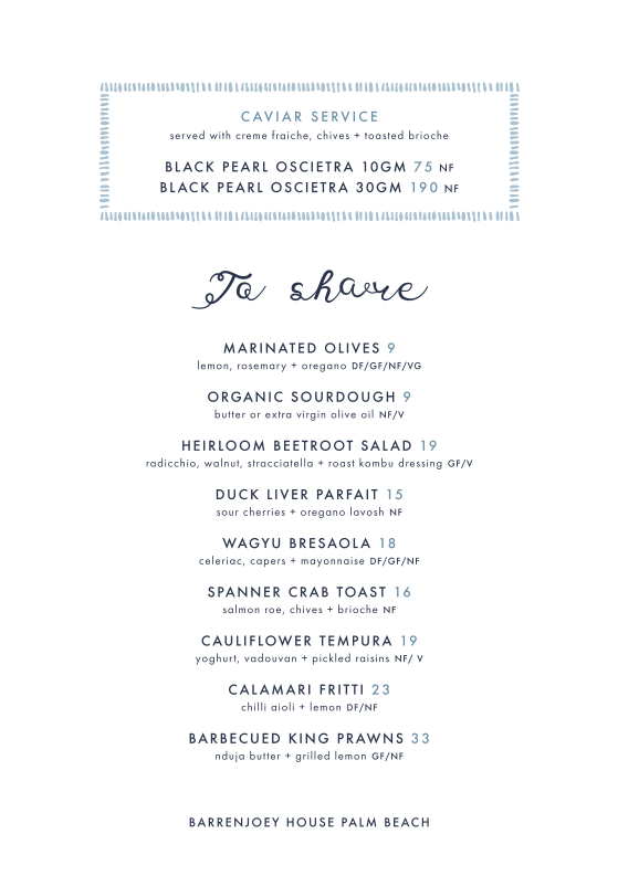 Menu, Barrenjoey House Palm Beach