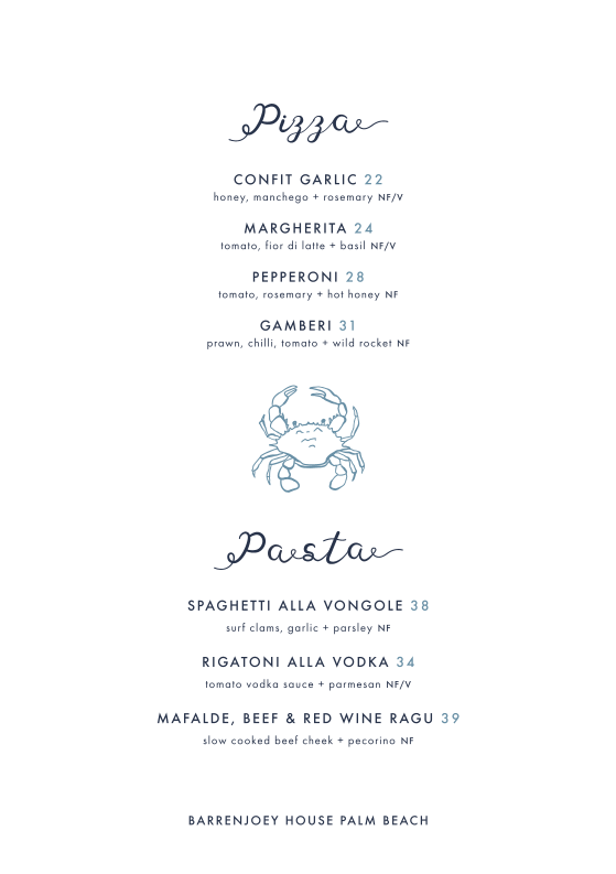 Menu, Barrenjoey House Palm Beach