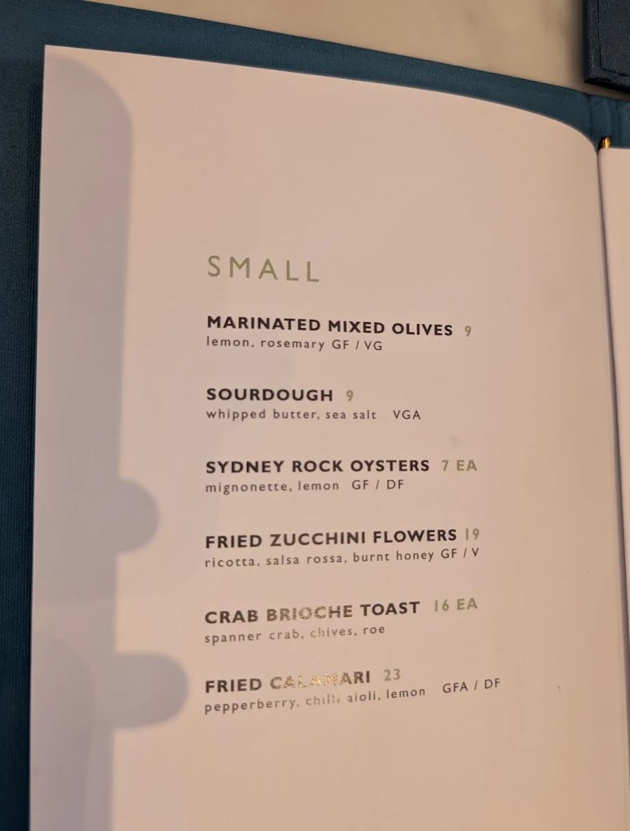 Menu, Barrenjoey House Palm Beach
