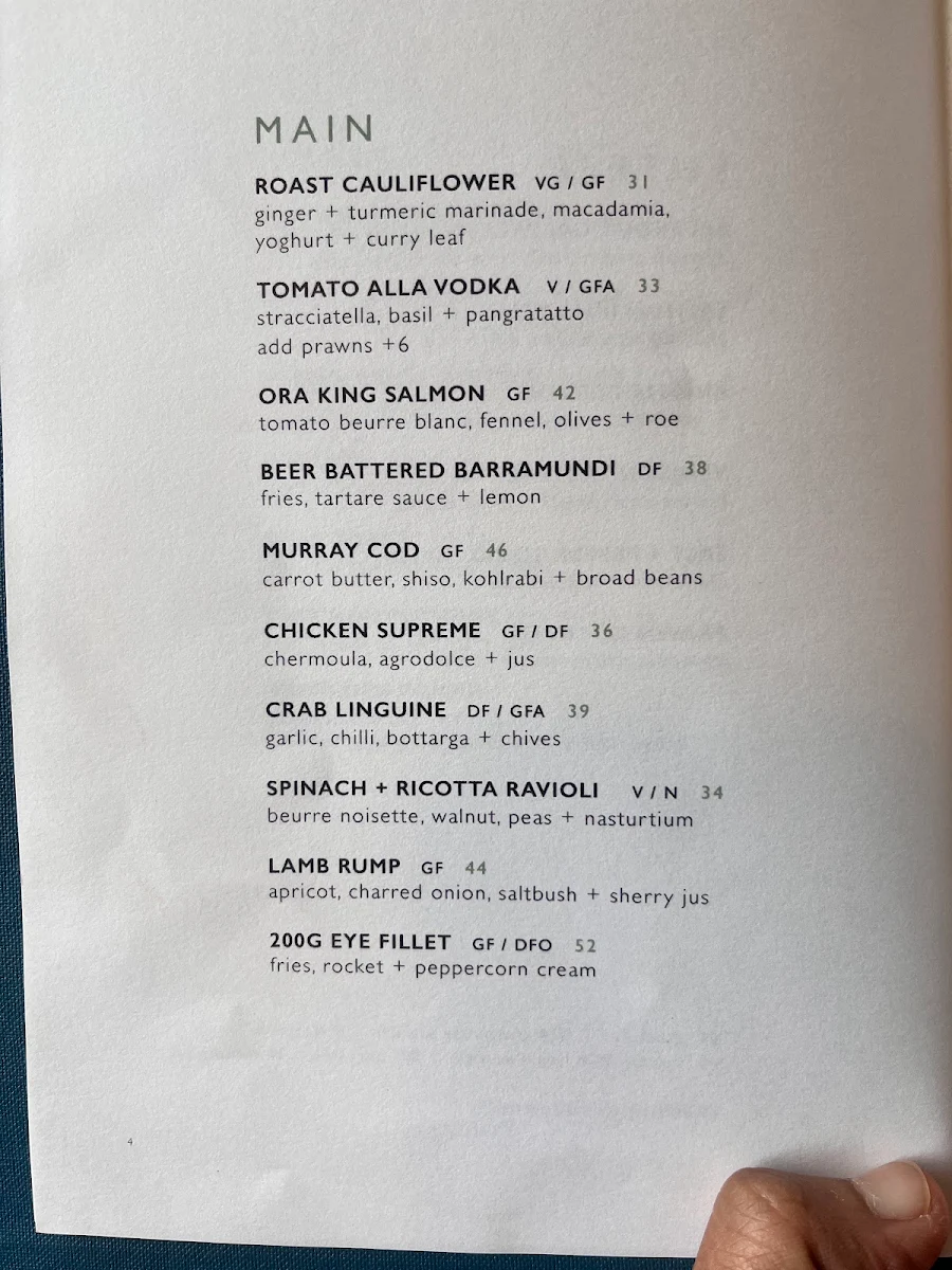 Menu, Barrenjoey House Palm Beach