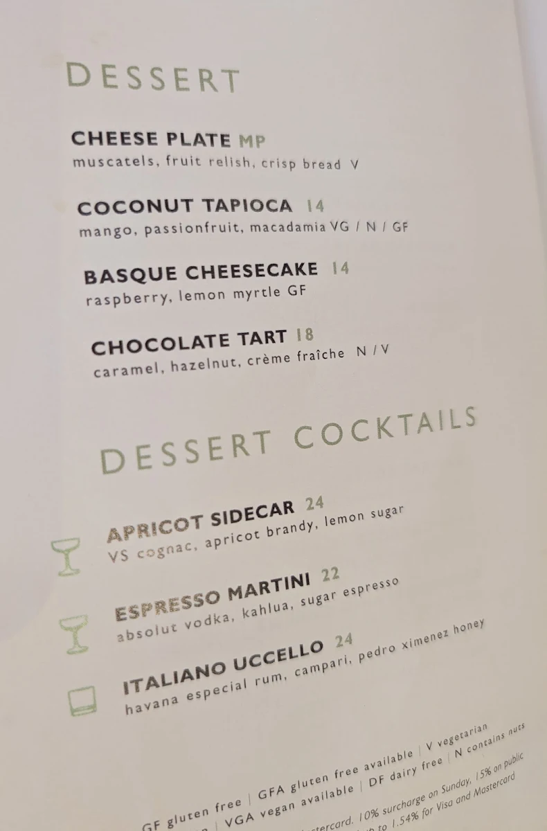 Menu, Barrenjoey House Palm Beach