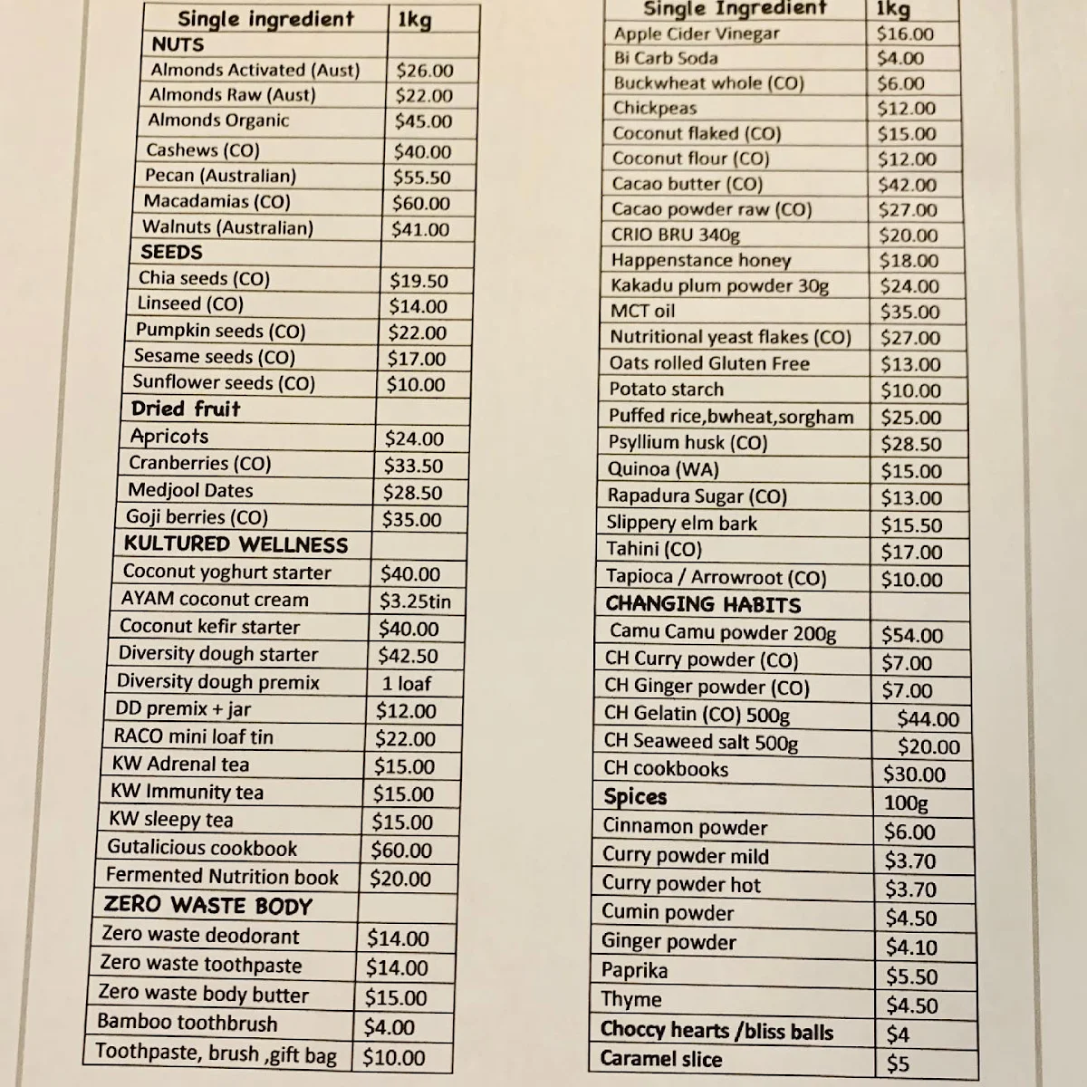 Menu, The Sacred Earth Pantry