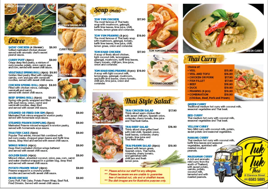 Menu, Tuk Tuk Thai Takeaway