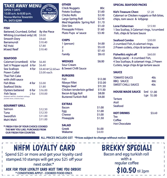 Menu, Noosa Harbour Fish Market