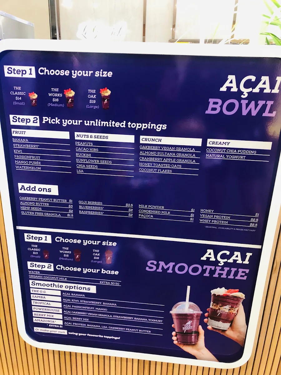 Menu, Oakberry Acai Pacific Fair