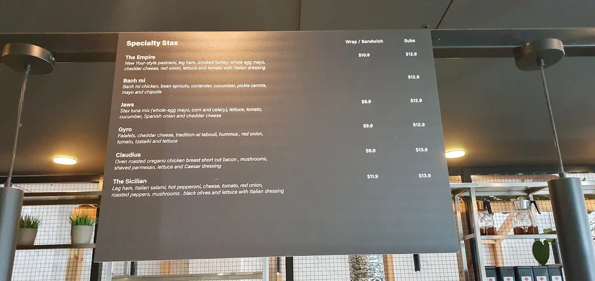 Menu, Stax Cafe