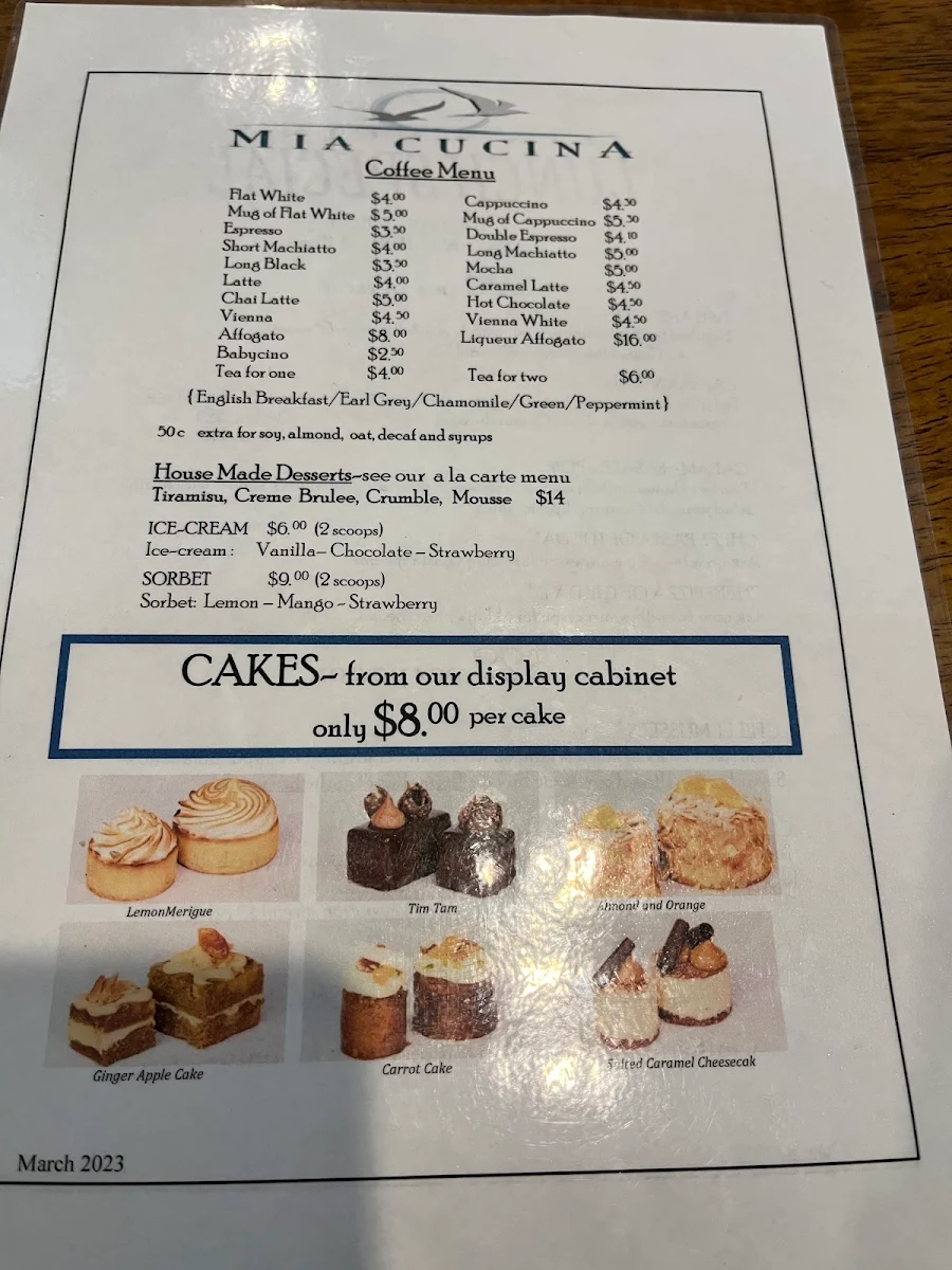 Menu, Mia Cucina Italian Cafe