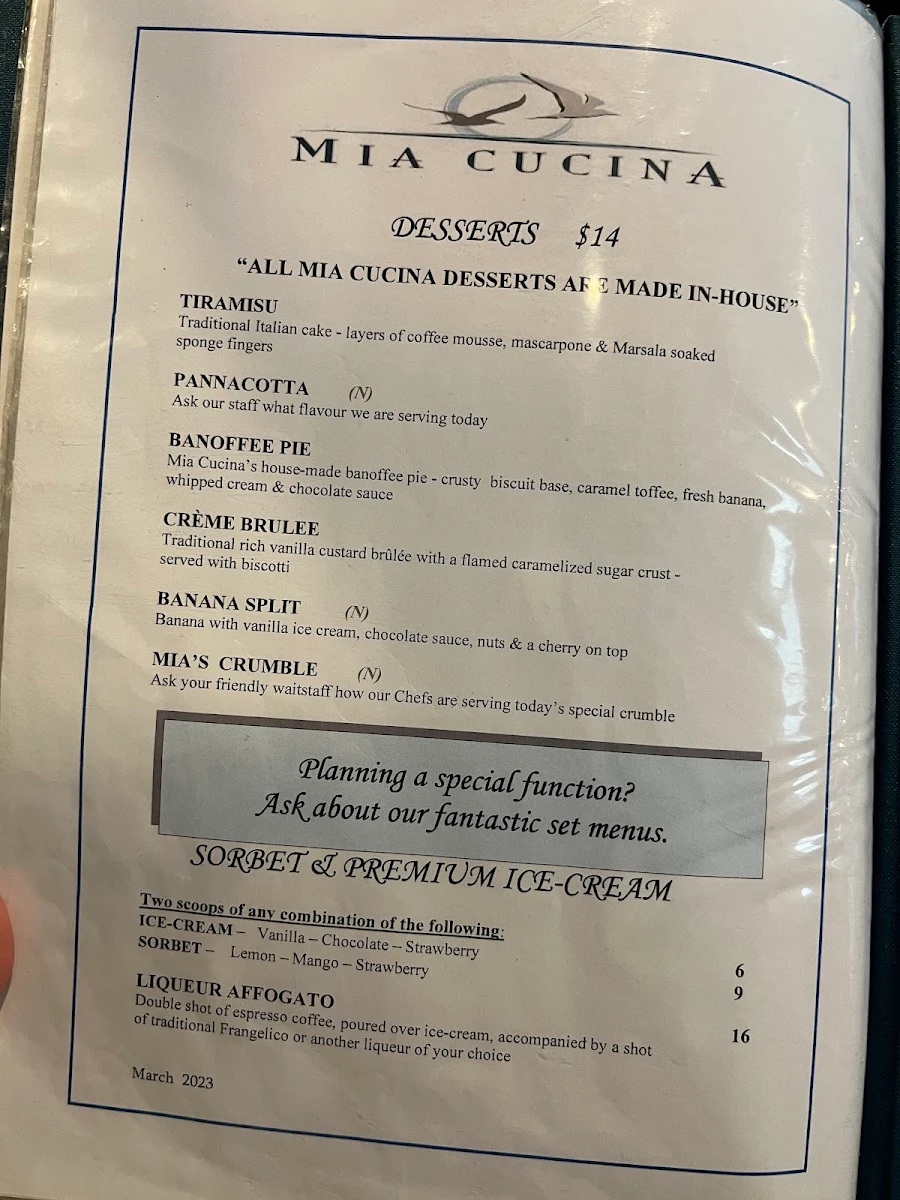 Menu, Mia Cucina Italian Cafe