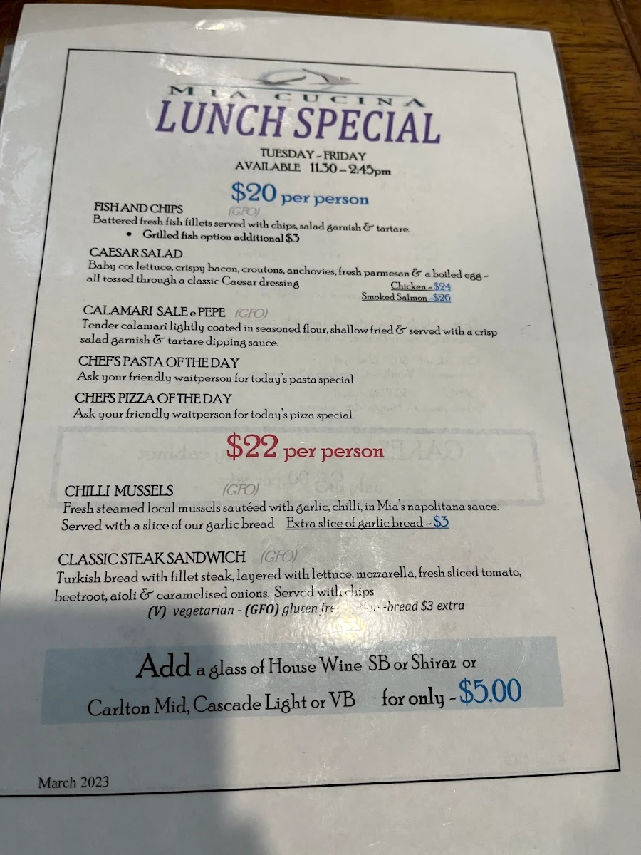Menu, Mia Cucina Italian Cafe