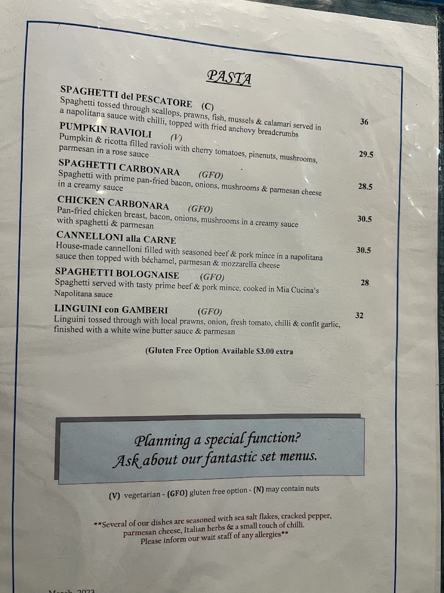 Menu, Mia Cucina Italian Cafe