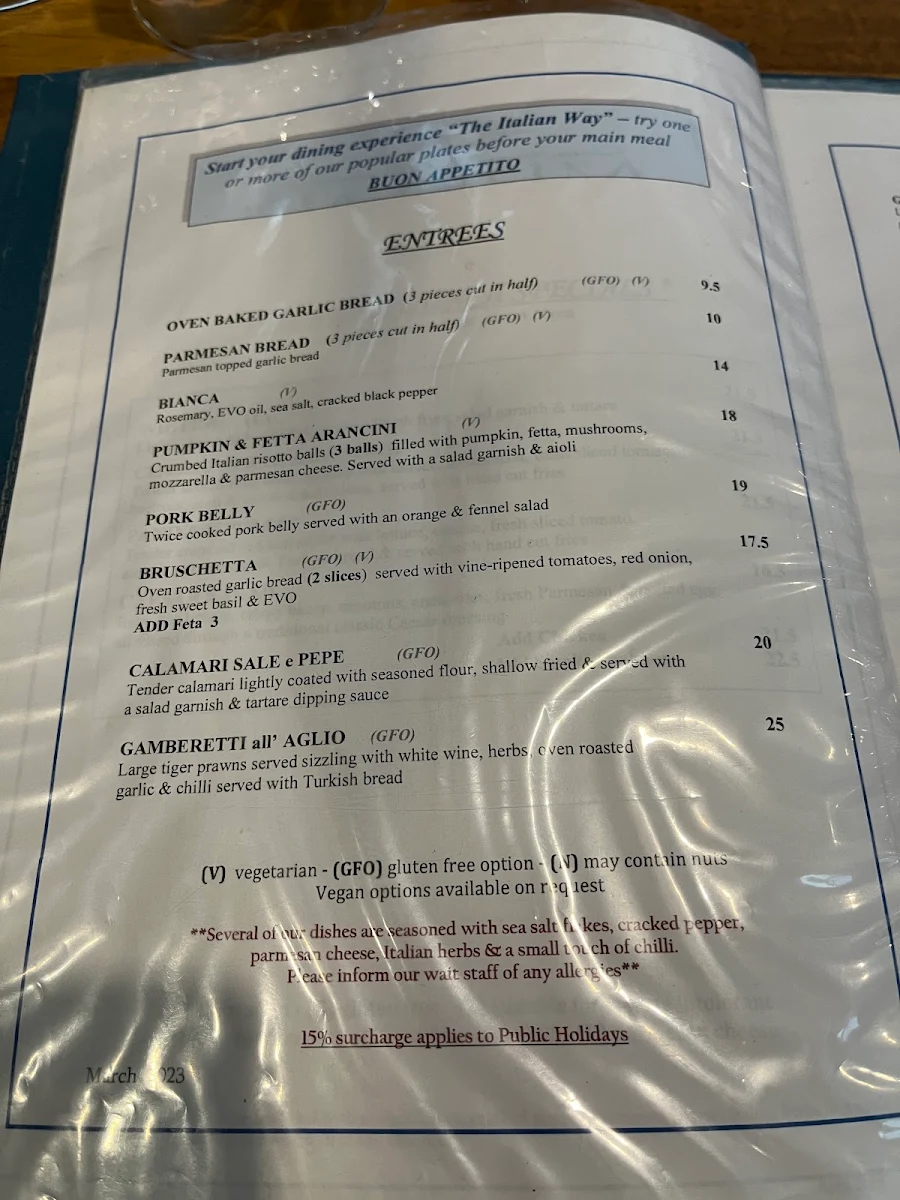 Menu, Mia Cucina Italian Cafe