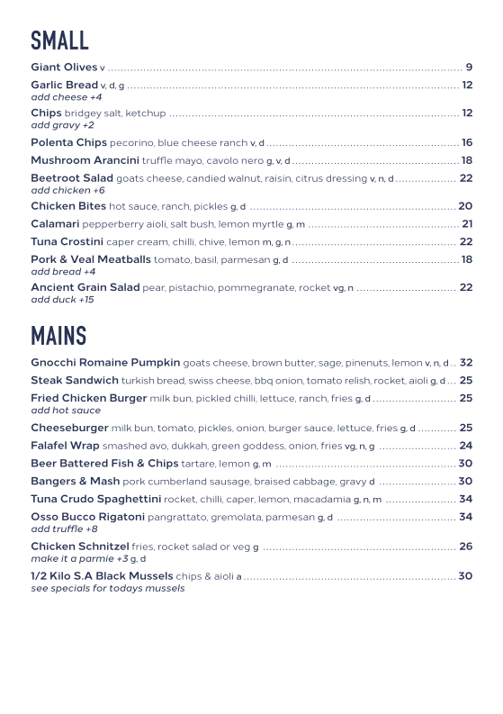 Menu, Bridgeview Hotel