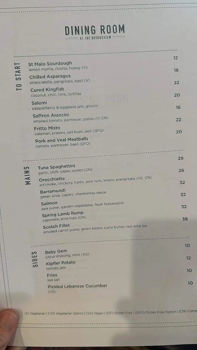 Menu, Bridgeview Hotel