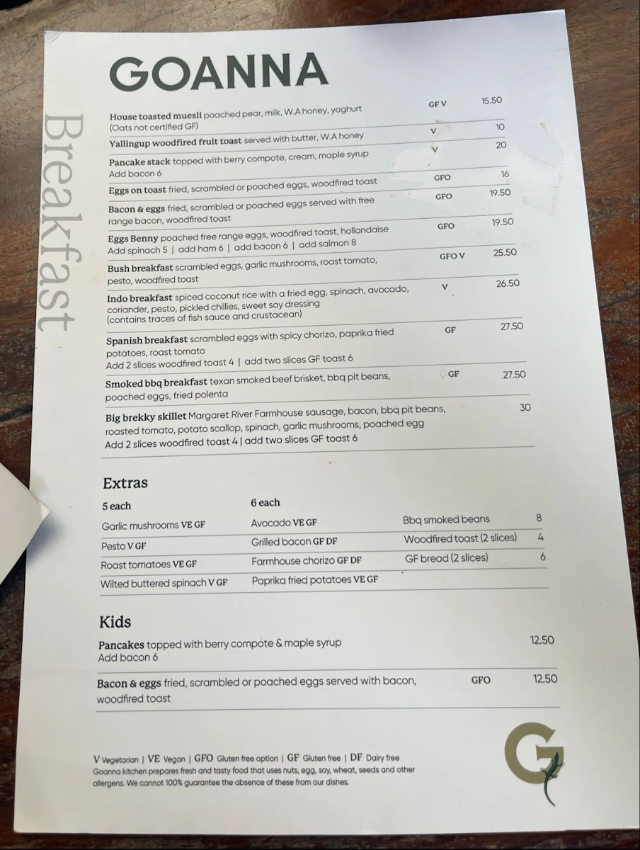 Menu, Goanna Bush Cafe