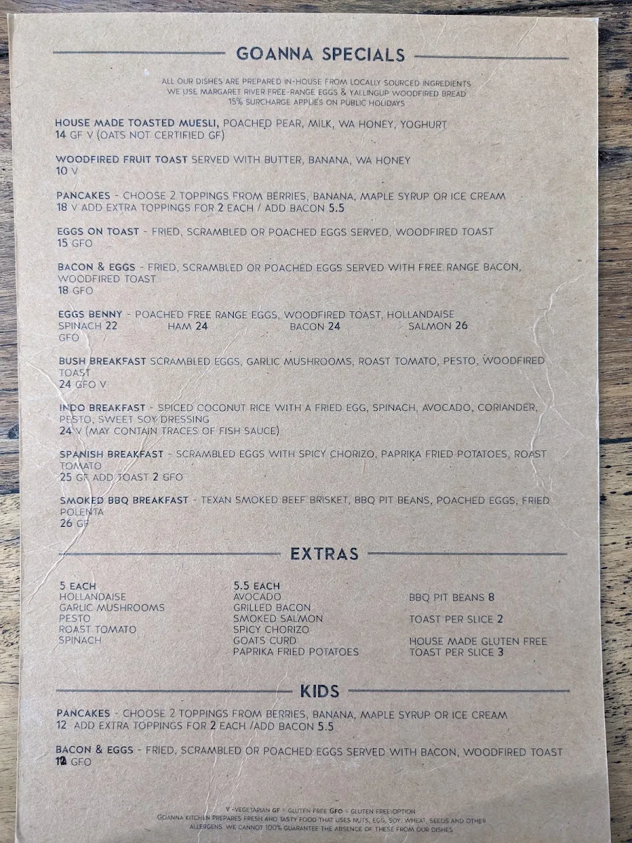 Menu, Goanna Bush Cafe