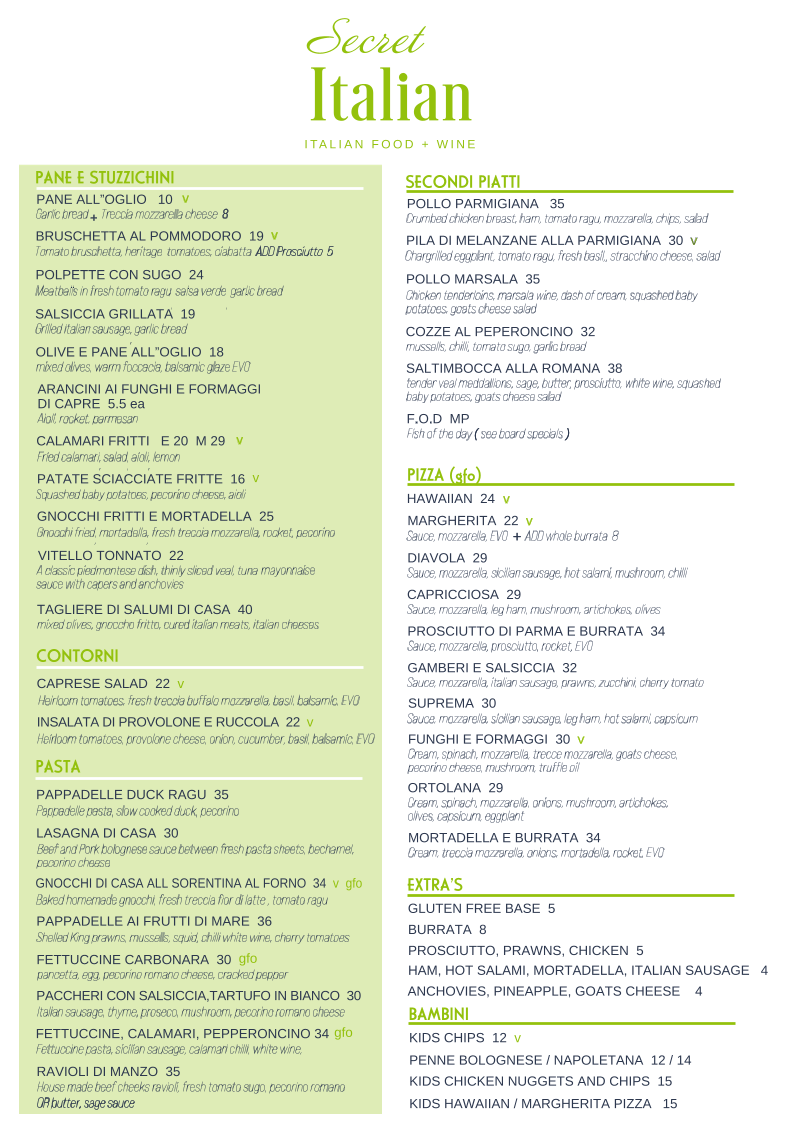 Menu, The Secret Italian