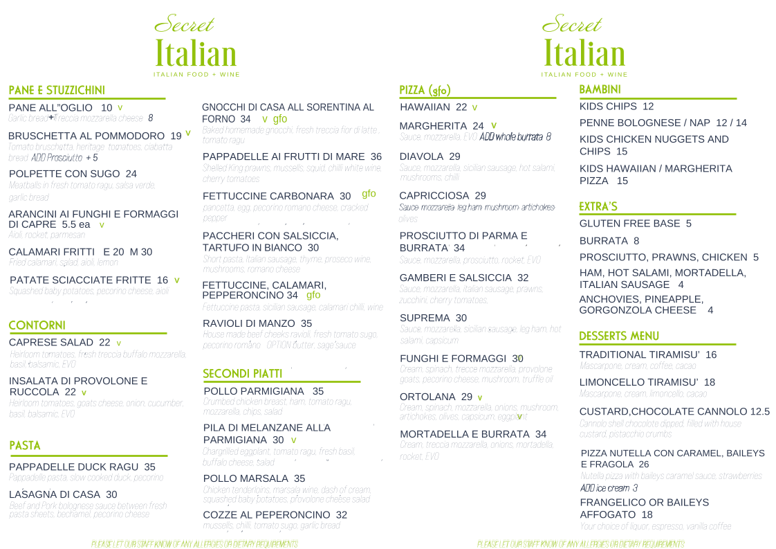 Menu, The Secret Italian