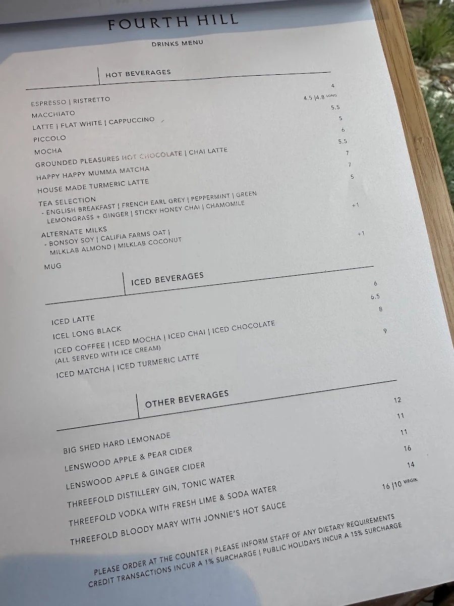 Menu, Fourth Hill Providore