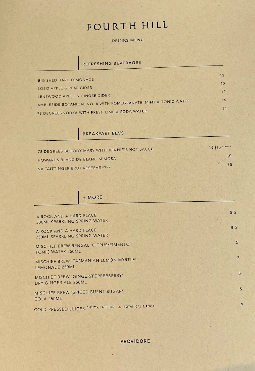 Menu, Fourth Hill Providore