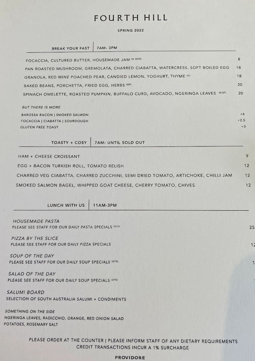 Menu, Fourth Hill Providore