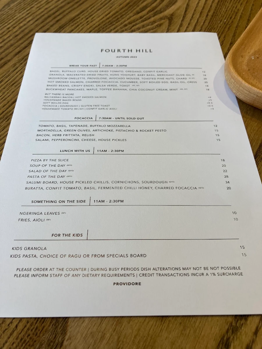 Menu, Fourth Hill Providore