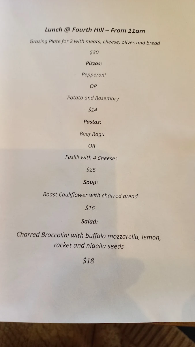 Menu, Fourth Hill Providore