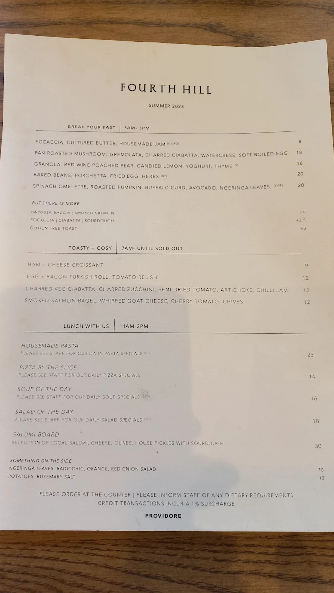 Menu, Fourth Hill Providore